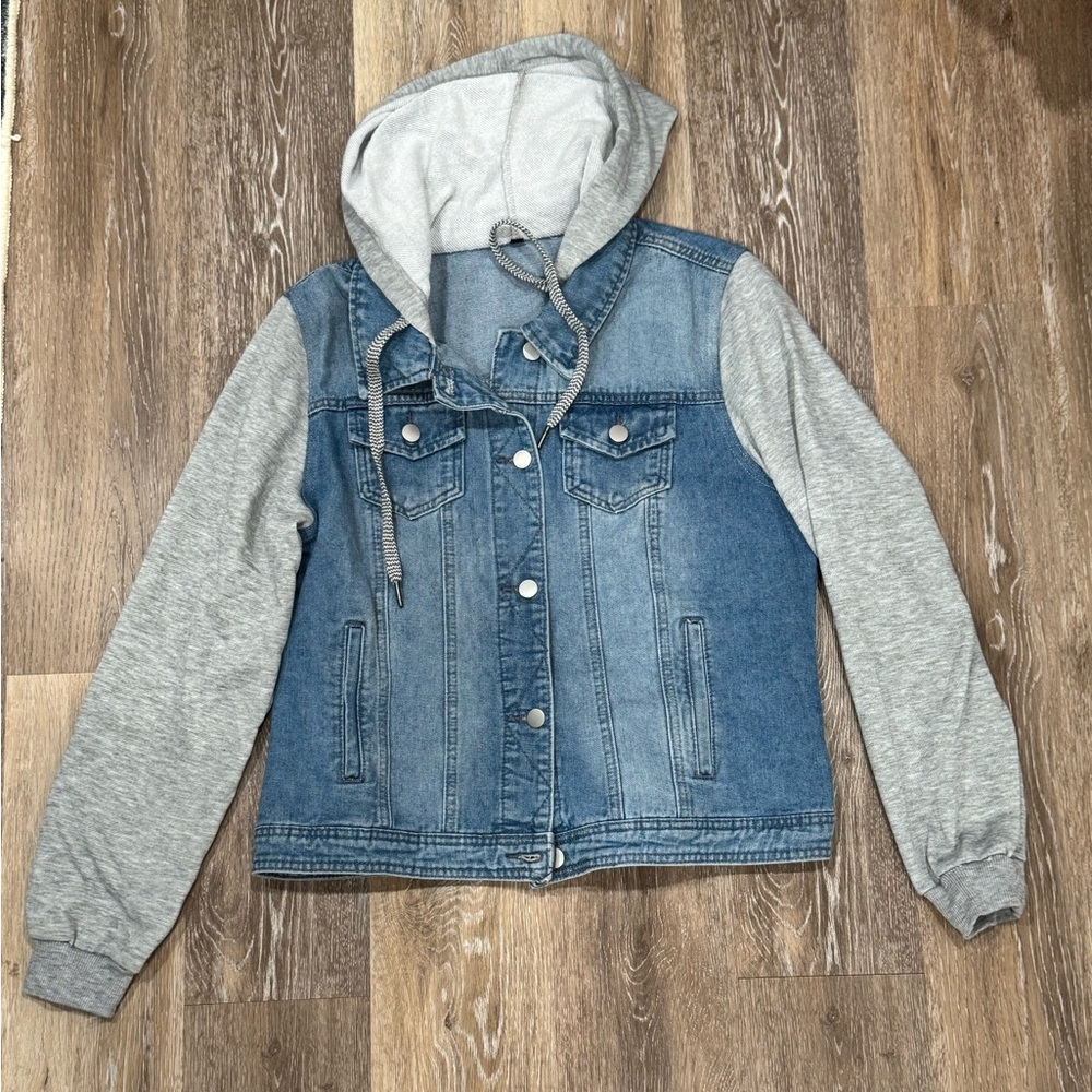 Denim and Gray Hoodie Jacket